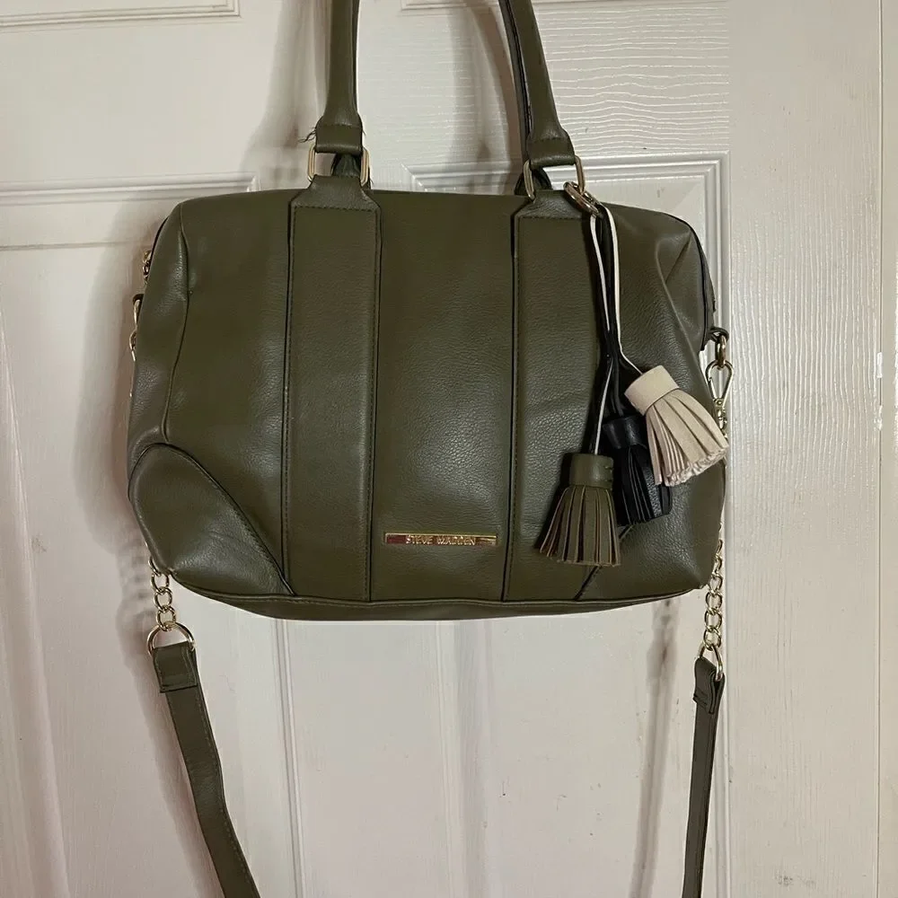 Steve Madden olive green satchel bag detachable shoulder strap tassel accent